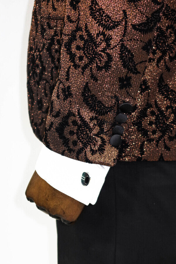 Floral Patterned Peak Lapel Gold Men Singer Party Blazer -