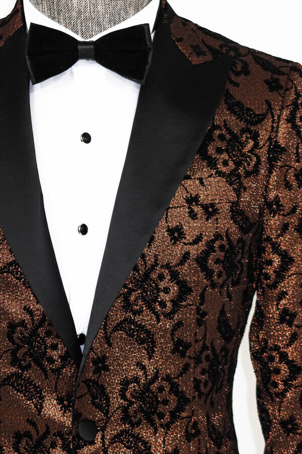 Floral Patterned Peak Lapel Gold Men Singer Party Blazer -