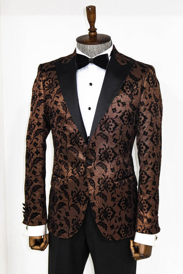 Floral Patterned Peak Lapel Gold Men Singer Party Blazer -