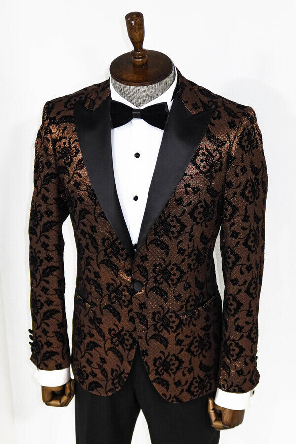 Floral Patterned Peak Lapel Gold Men Singer Party Blazer -
