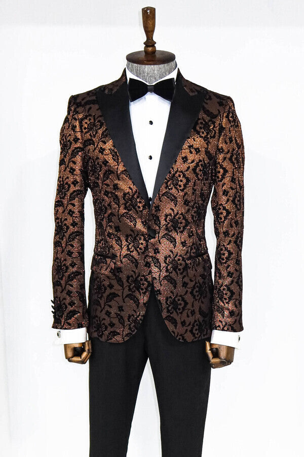 Floral Patterned Peak Lapel Gold Men Singer Party Blazer -