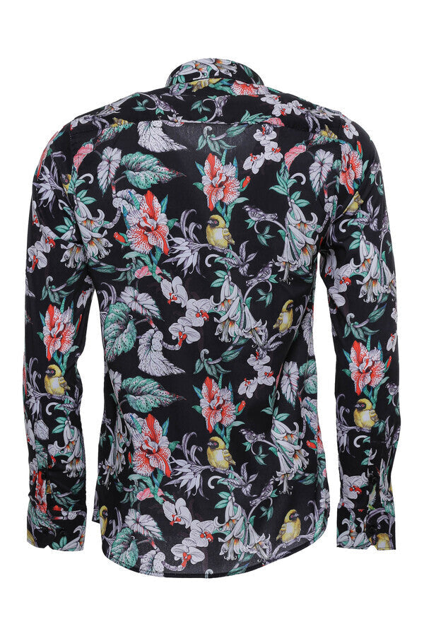 Floral Patterned Slim Fit Long Sleeves Black Men Shirt -