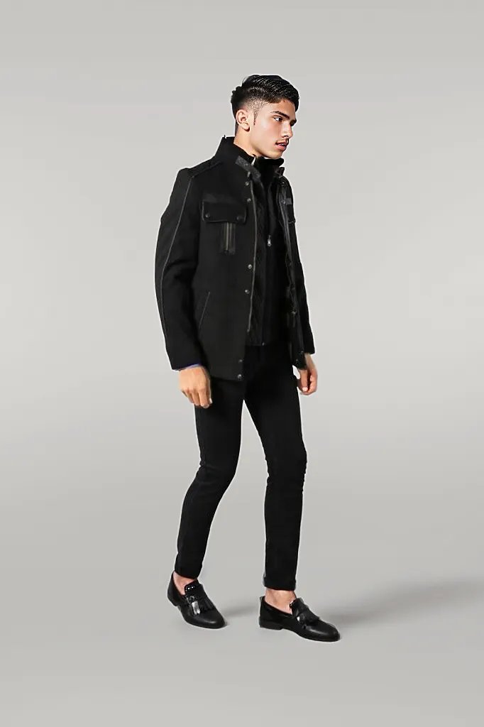 Fur Collar 4 Pockets Black Men Coat