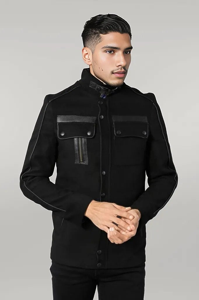 Fur Collar 4 Pockets Black Men Coat