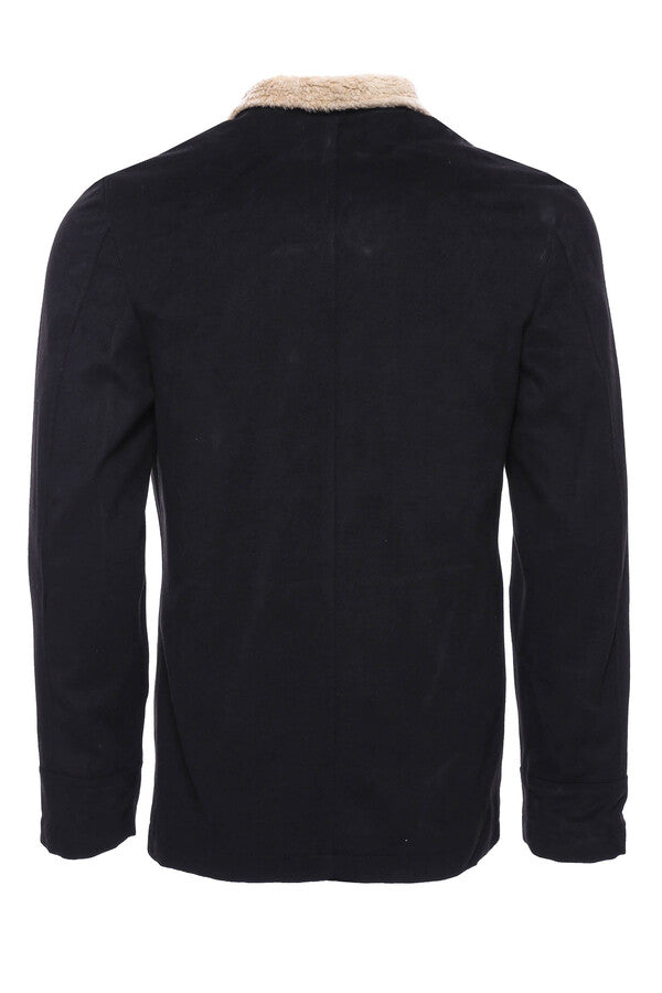 Fur Collar 4 Pockets Black Men Coat