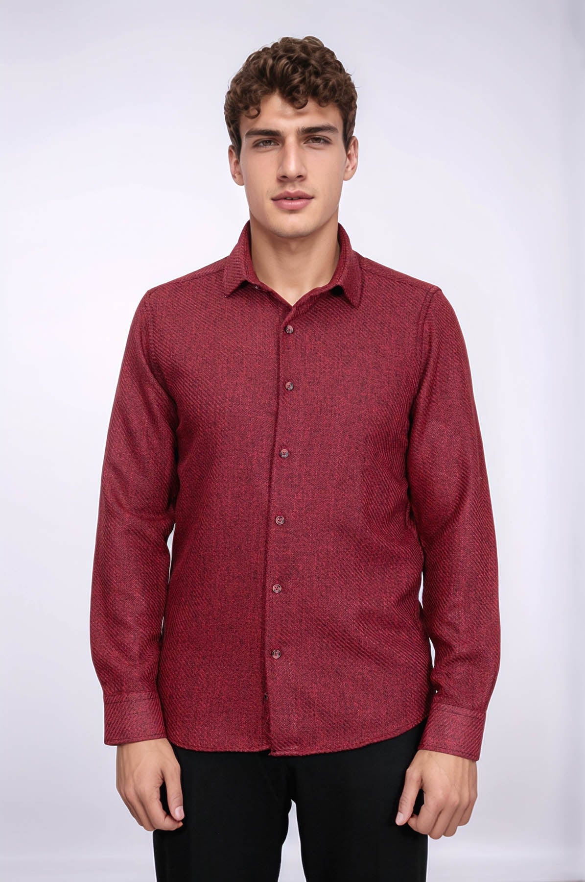 Slim Fit Cotton Plain Burgundy Men Lumberjack Shirt - Wessi