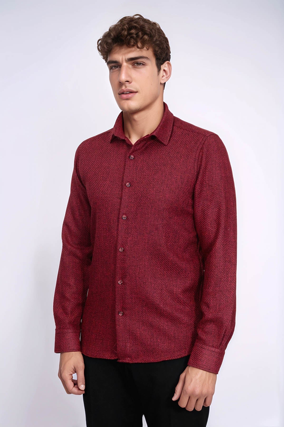 Slim Fit Cotton Plain Burgundy Men Lumberjack Shirt - Wessi
