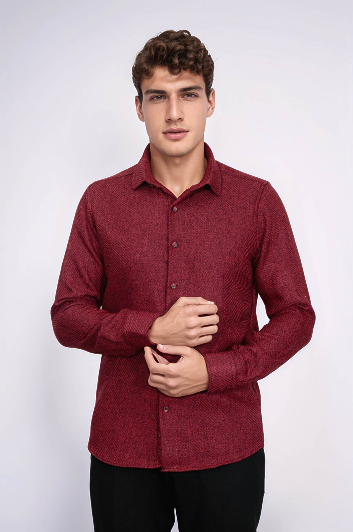 Slim Fit Cotton Plain Burgundy Men Lumberjack Shirt - Wessi