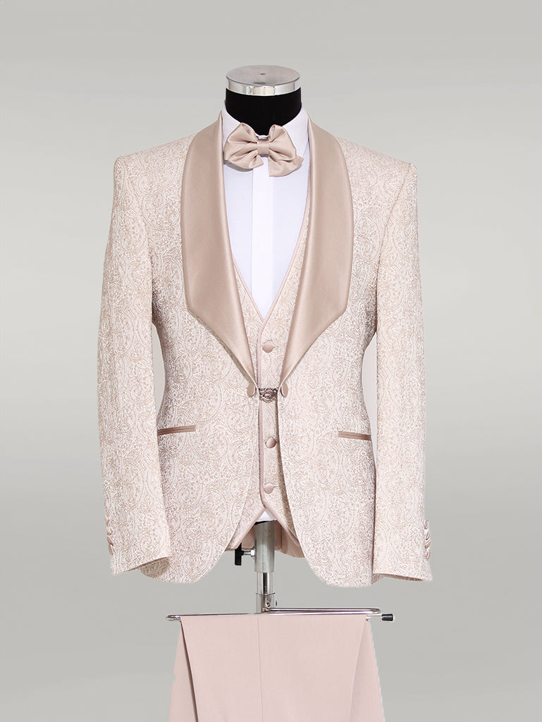 KOALA SYDNEY 3-Piece Patterned Single Button Satin Lapel Cream Men's Tuxedo with Bow Tie