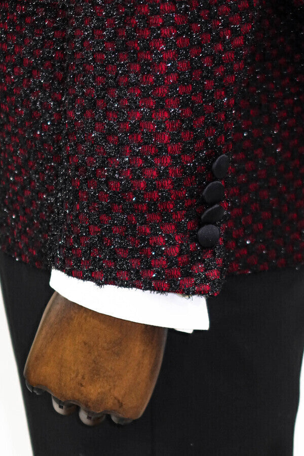 KOALA SYDNEY Gingham Patterned Glittery Burgundy Men Prom Party Blazer -