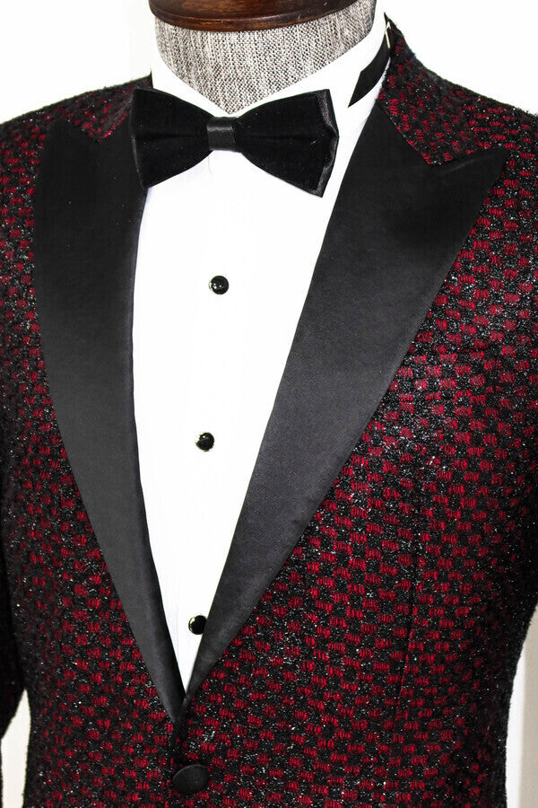 KOALA SYDNEY Gingham Patterned Glittery Burgundy Men Prom Party Blazer -