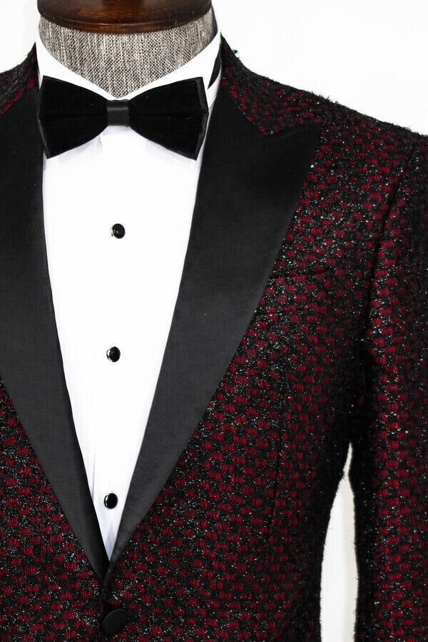 KOALA SYDNEY Gingham Patterned Glittery Burgundy Men Prom Party Blazer -
