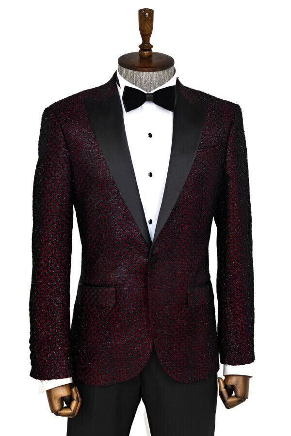 KOALA SYDNEY Gingham Patterned Glittery Burgundy Men Prom Party Blazer -