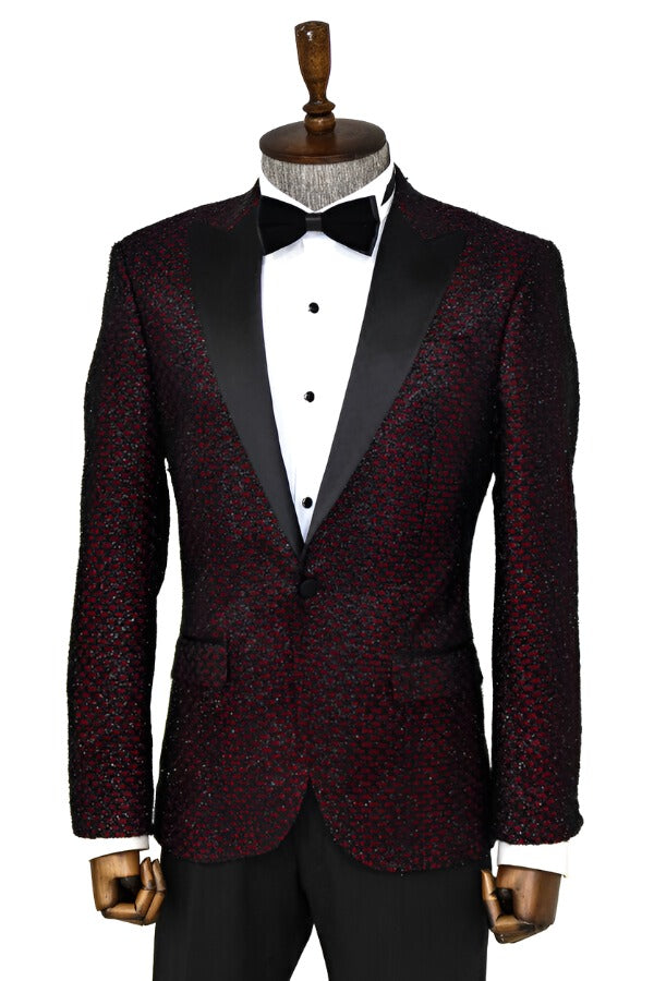 KOALA SYDNEY Gingham Patterned Glittery Burgundy Men Prom Party Blazer -