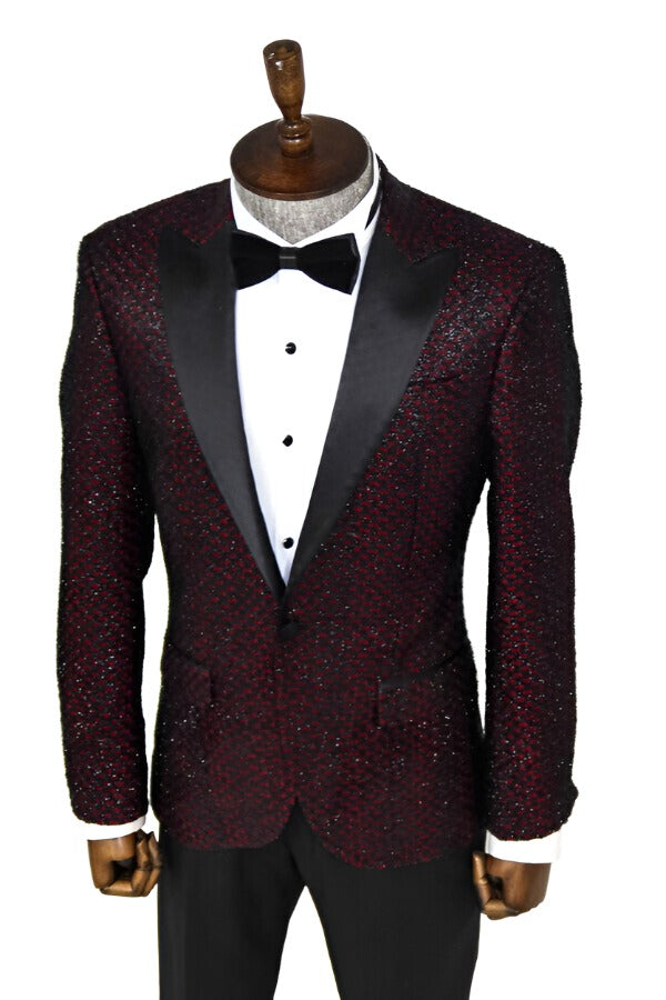 KOALA SYDNEY Gingham Patterned Glittery Burgundy Men Prom Party Blazer -