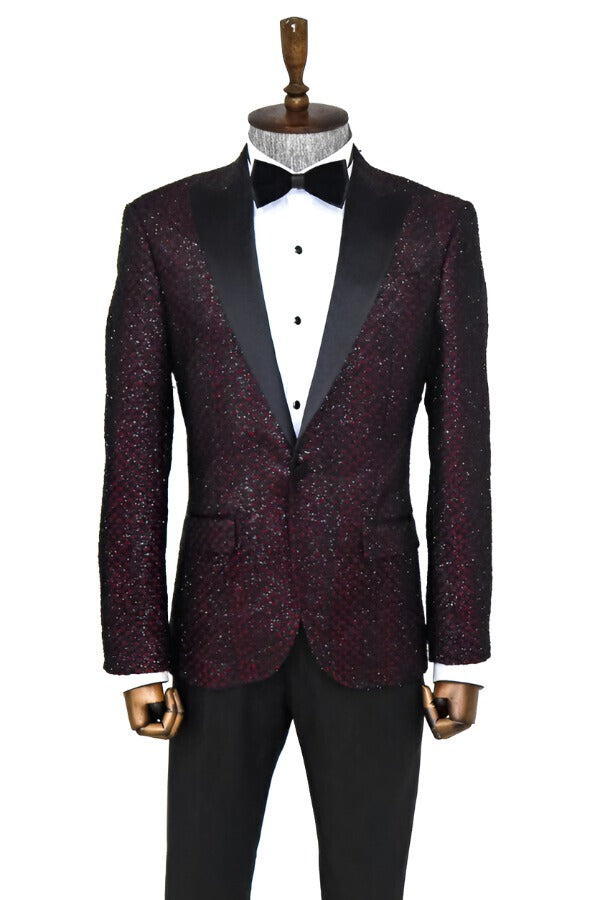 KOALA SYDNEY Gingham Patterned Glittery Burgundy Men Prom Party Blazer -