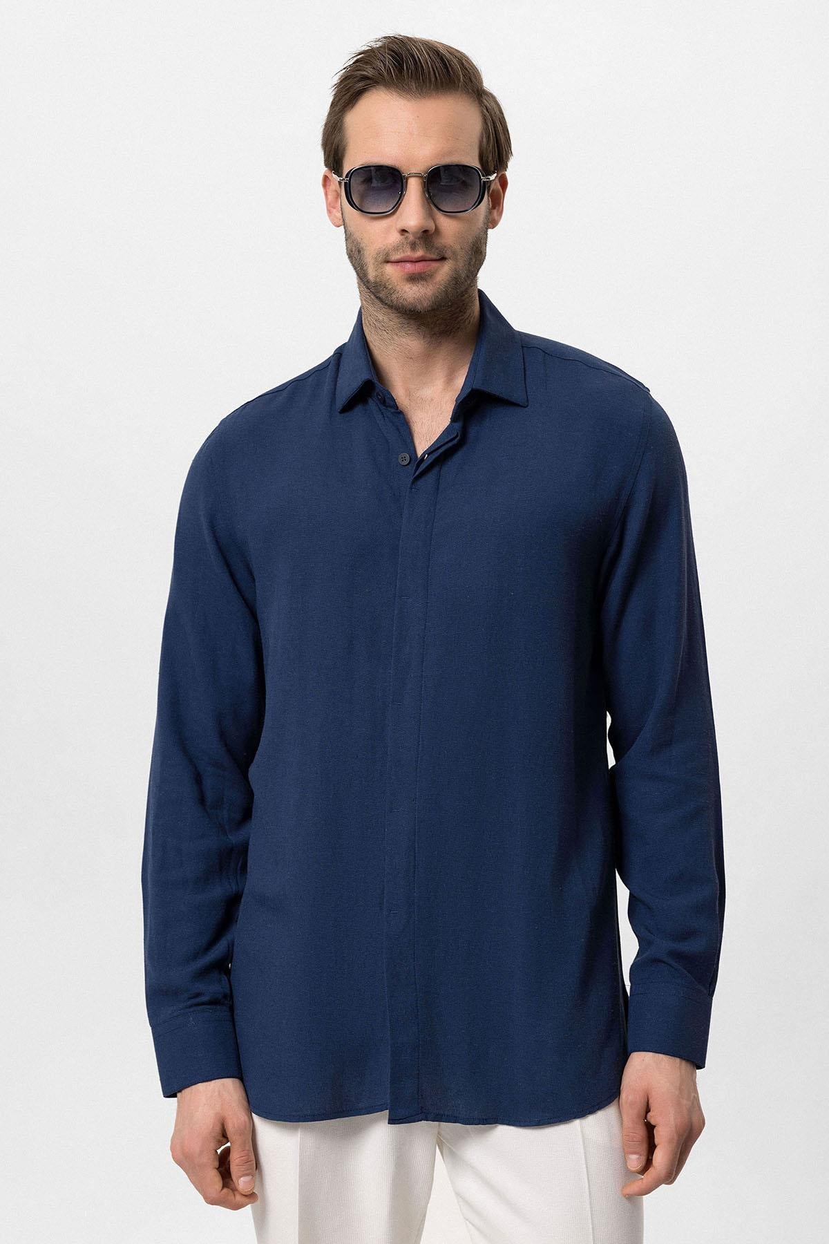 Men's Navy Blue Hidden Button Linen Blend Shirt