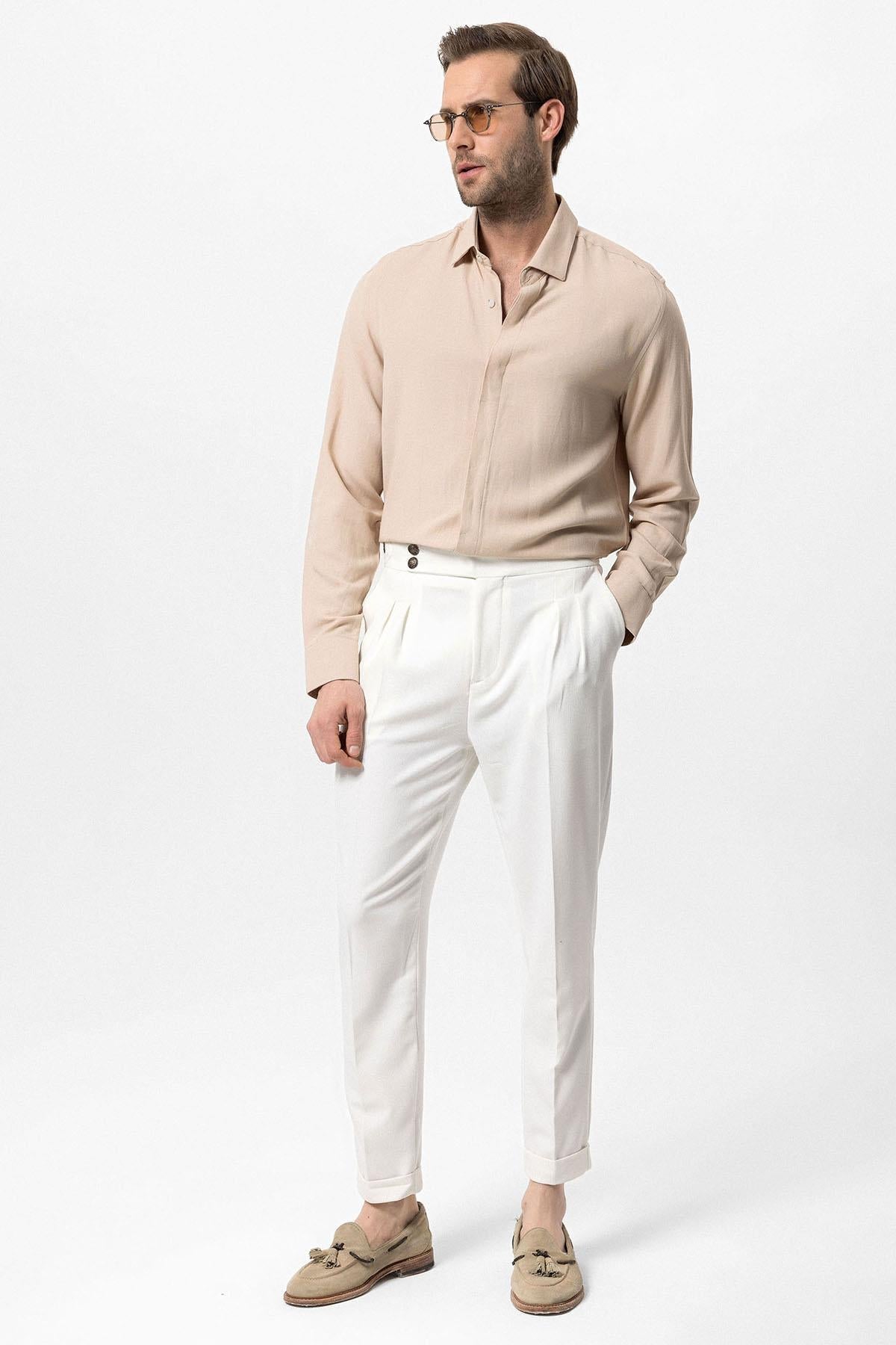 Men's Beige Hidden Button Linen Blend Shirt