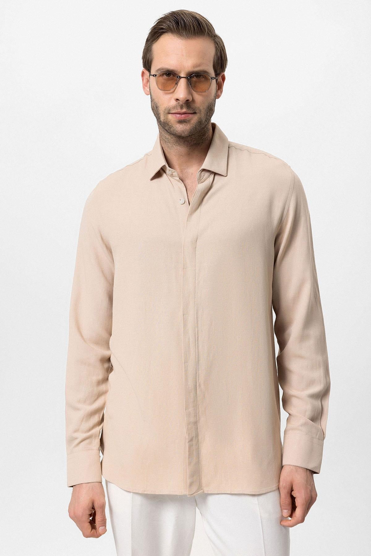 Men's Beige Hidden Button Linen Blend Shirt