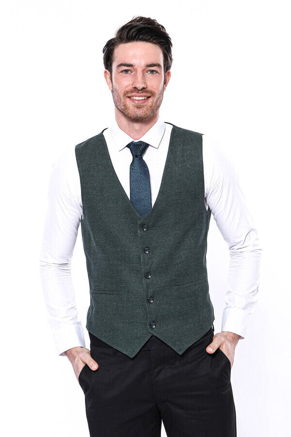 Green V Neck Men Vest