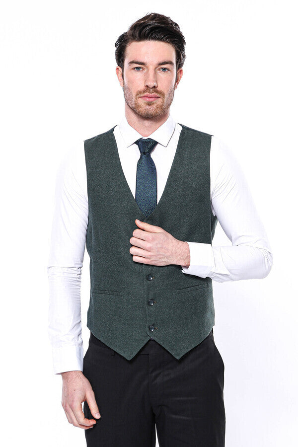 Green V Neck Men Vest