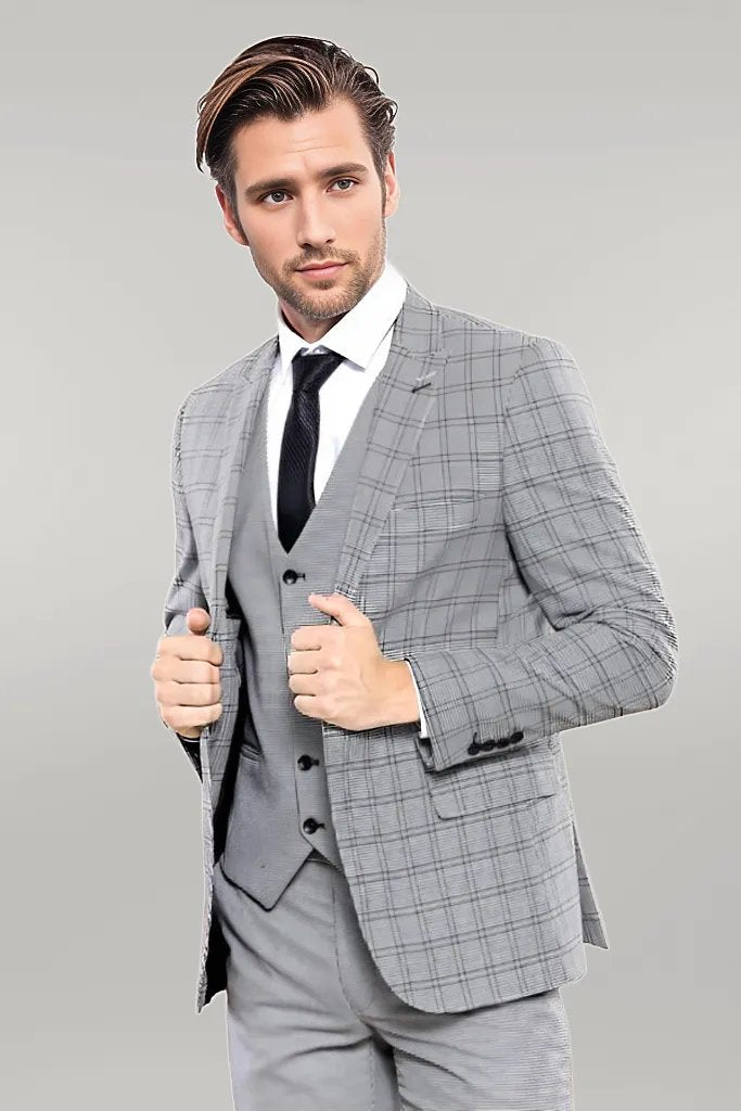 KOALA SYDNEY Grey Plaid Vested Men's Suit |