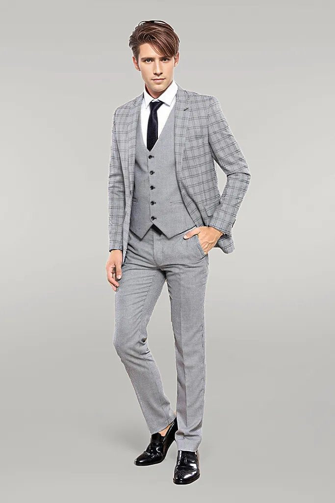 KOALA SYDNEY Grey Plaid Vested Men's Suit |