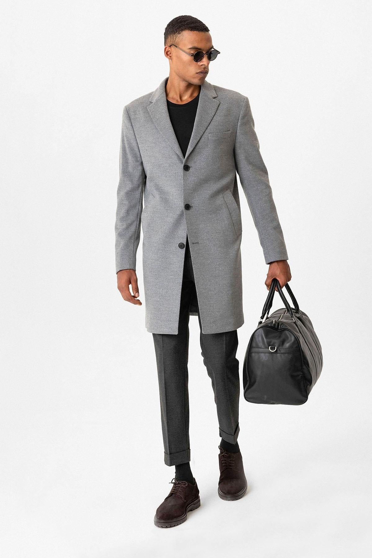 Grey Slim Fit Notch Lapel Men's Coat
