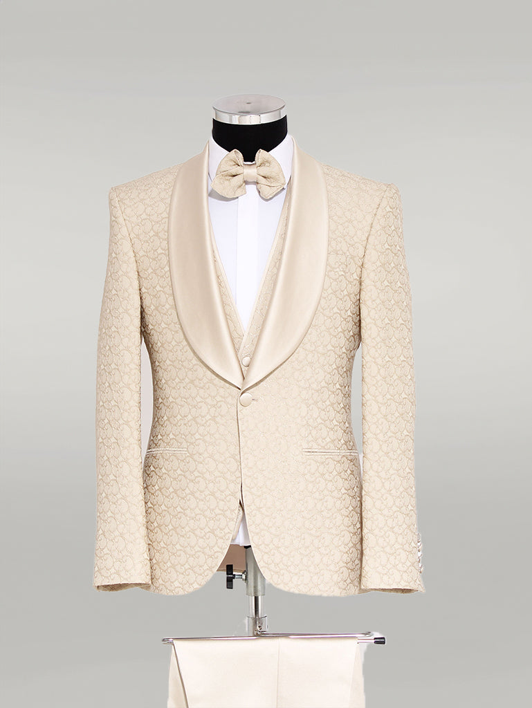KOALA SYDNEY 3-Piece Textured Satin Lapel Champagne Men's Tuxedo with Bow Tie