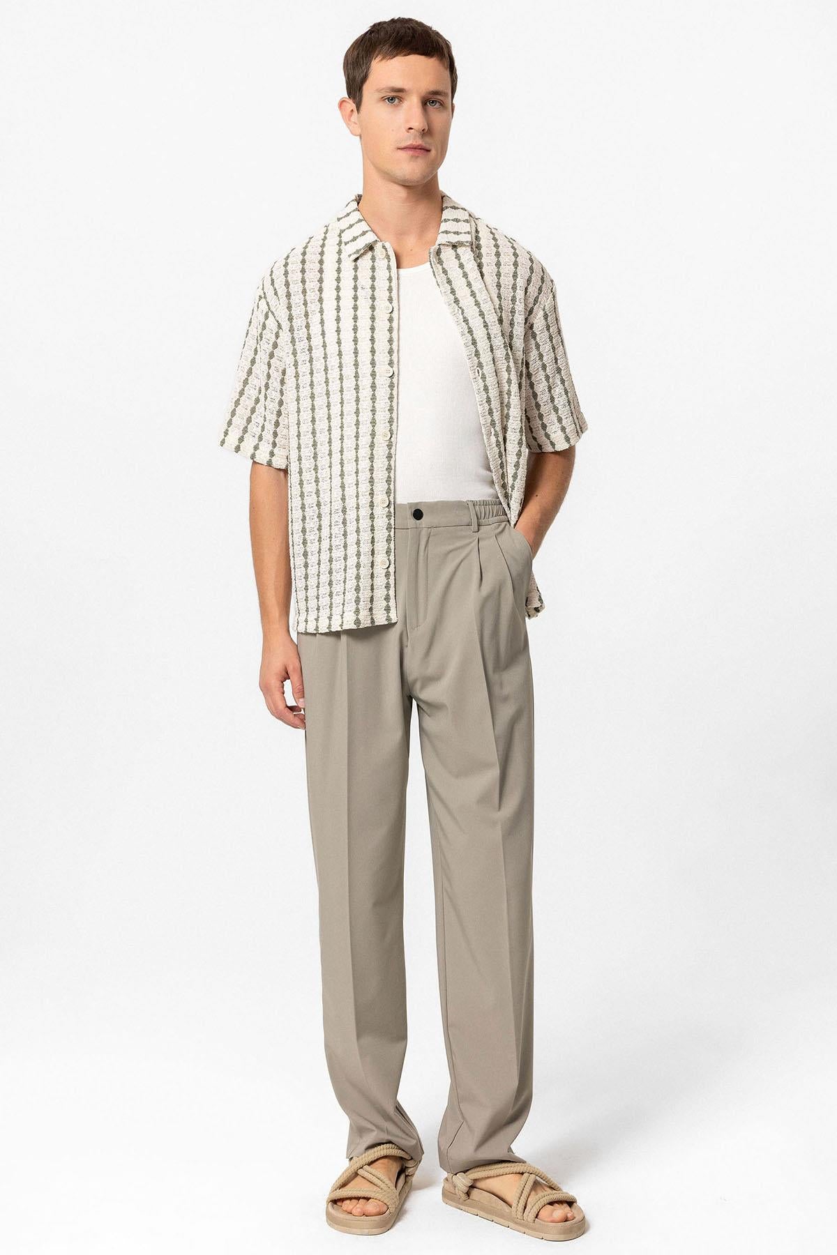 KOALA SYDNEY Men's Khaki Striped Knit Short-Sleeve Shirt