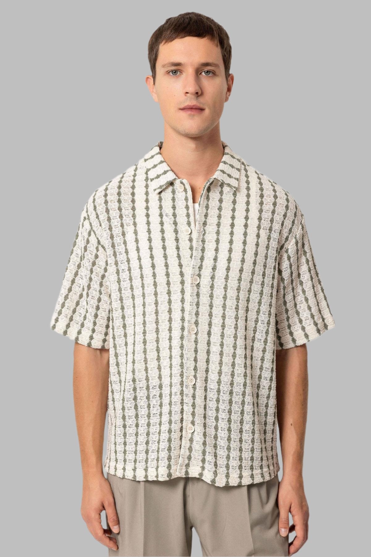 Men's Khaki Striped Knit Short-Sleeve Shirt