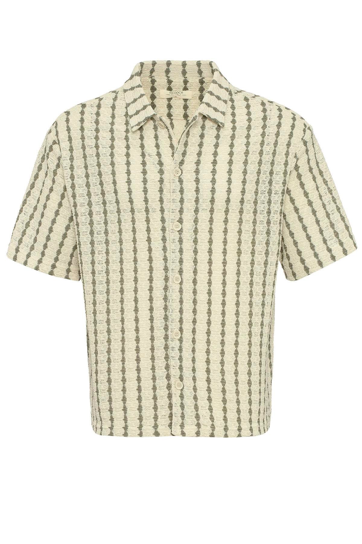 Men's Khaki Striped Knit Short-Sleeve Shirt