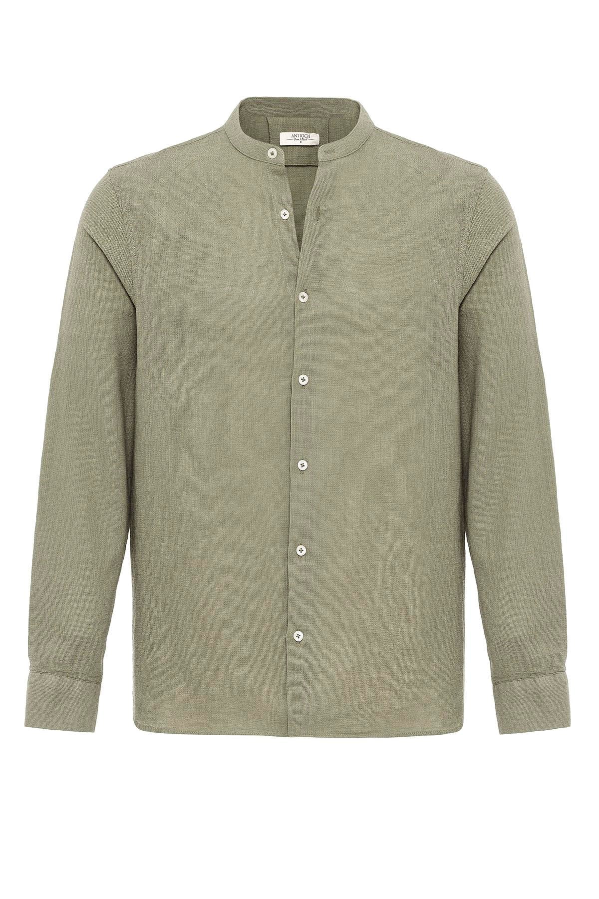 Men's Khaki Mandarin Collar Woven Shirt