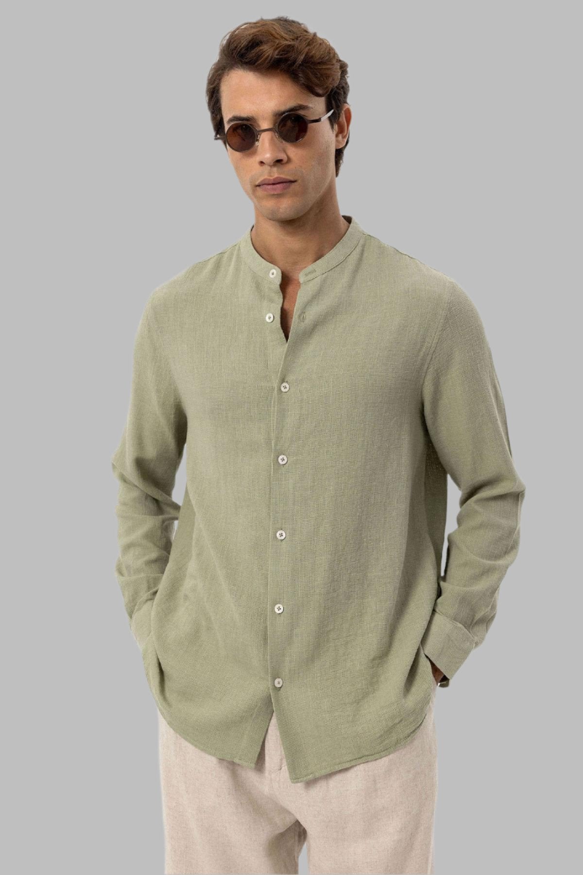 KOALA SYDNEY Men's Khaki Mandarin Collar Woven Shirt -