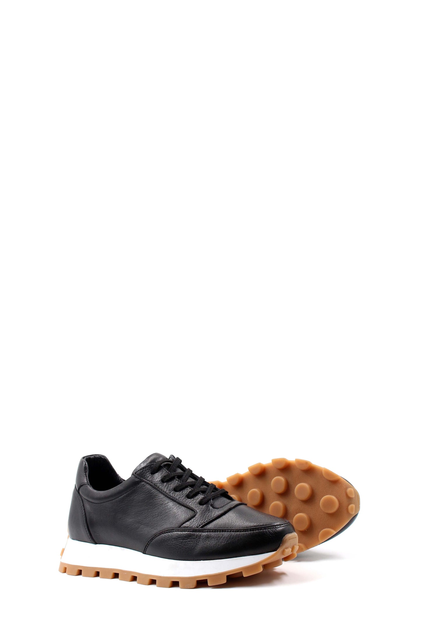 Men's Black Leather Sneakers with Gum Sole and White Midsole