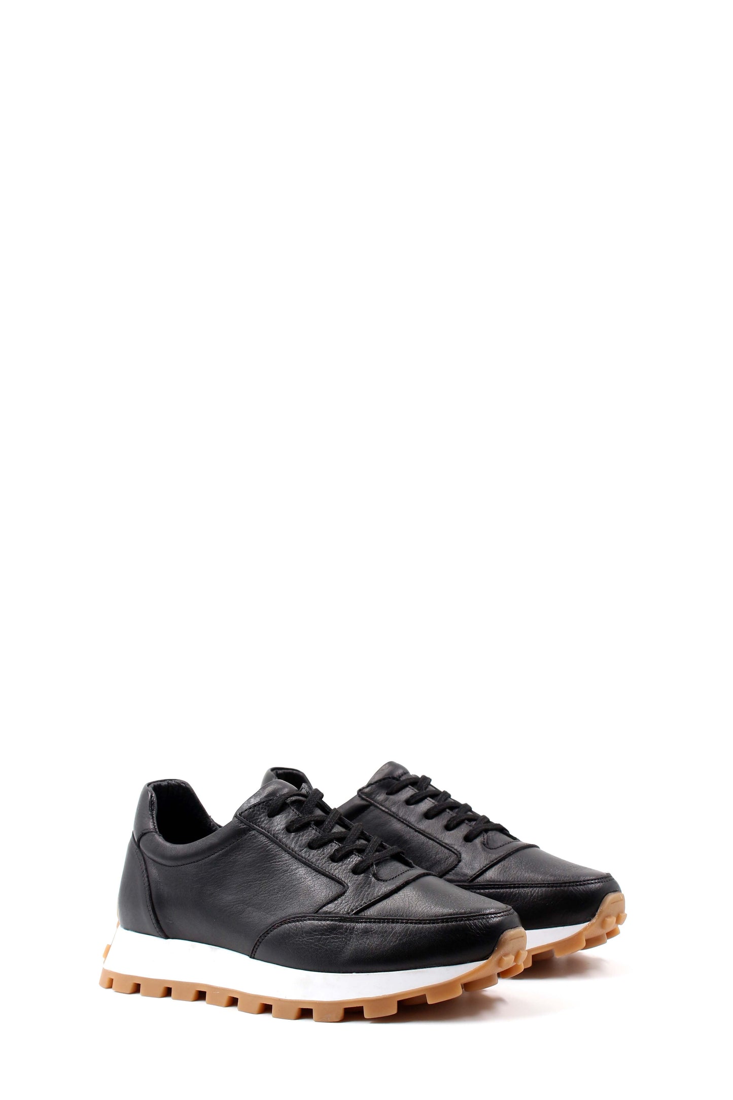 Men's Black Leather Sneakers with Gum Sole and White Midsole