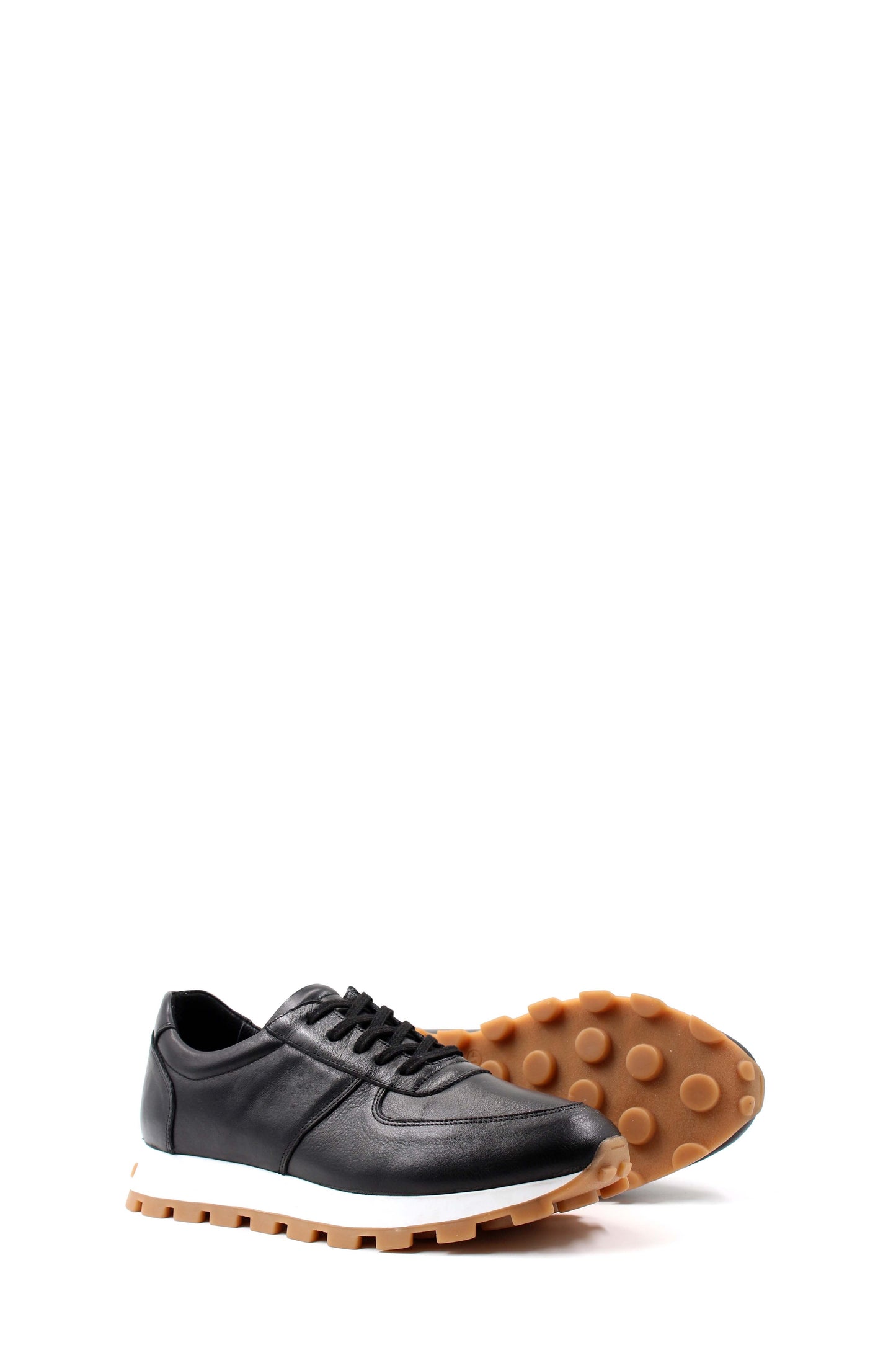 Men's Black Leather Sneakers with White Sole and Textured Outsole