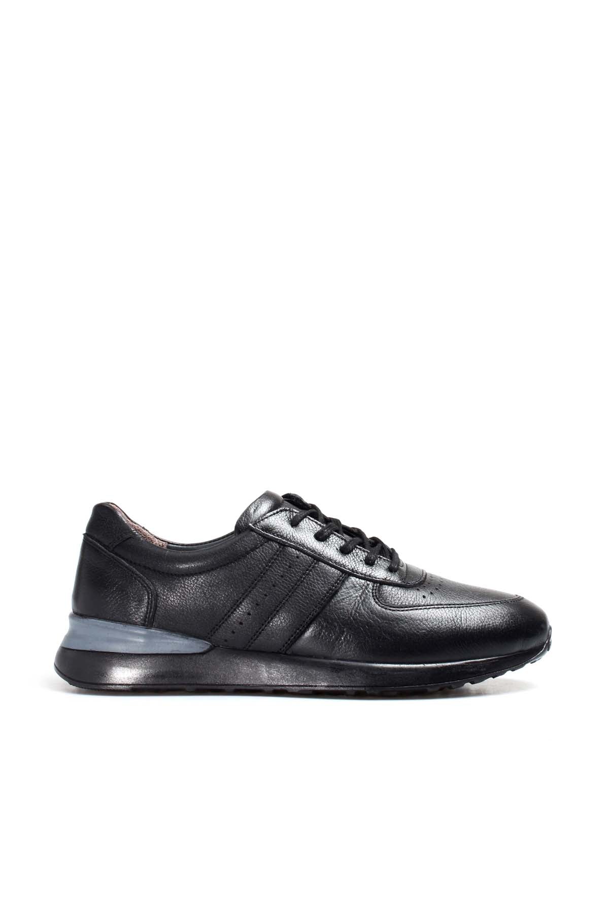 Men's Black Leather Lace-Up Sneakers with Perforated Design and Cushioned Sole