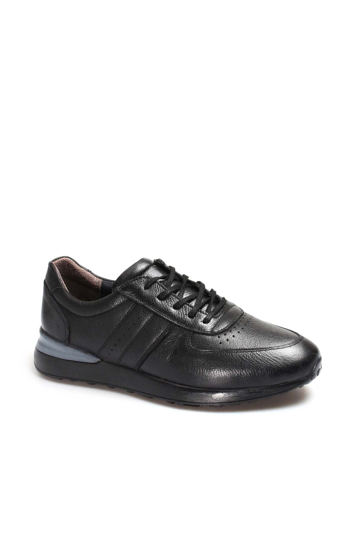 Men's Black Leather Lace-Up Sneakers with Perforated Design and Cushioned Sole