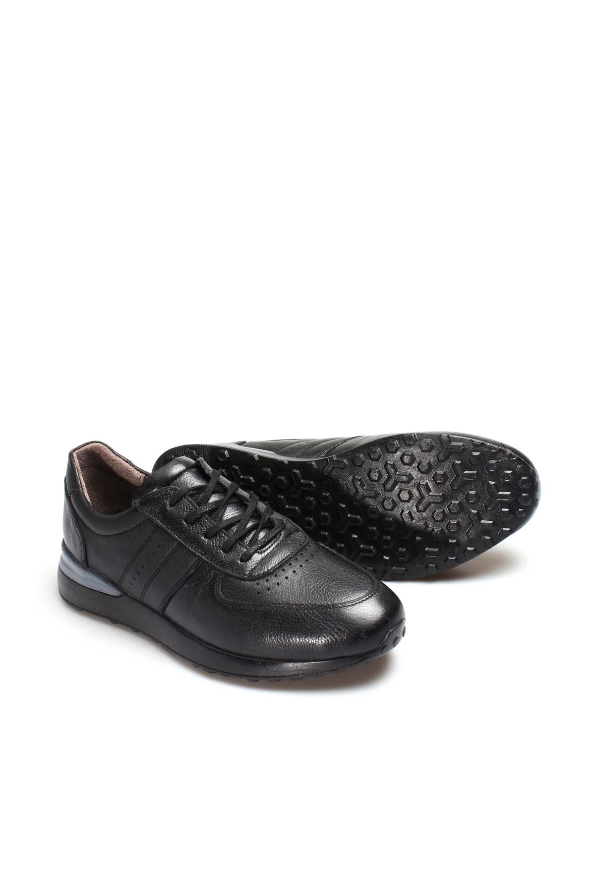 Men's Black Leather Lace-Up Sneakers with Perforated Design and Cushioned Sole