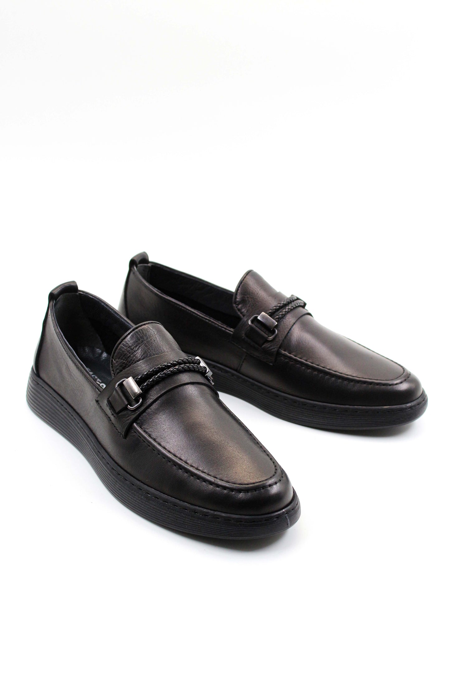 Men's Black Leather Buckle Loafers-Wessi
