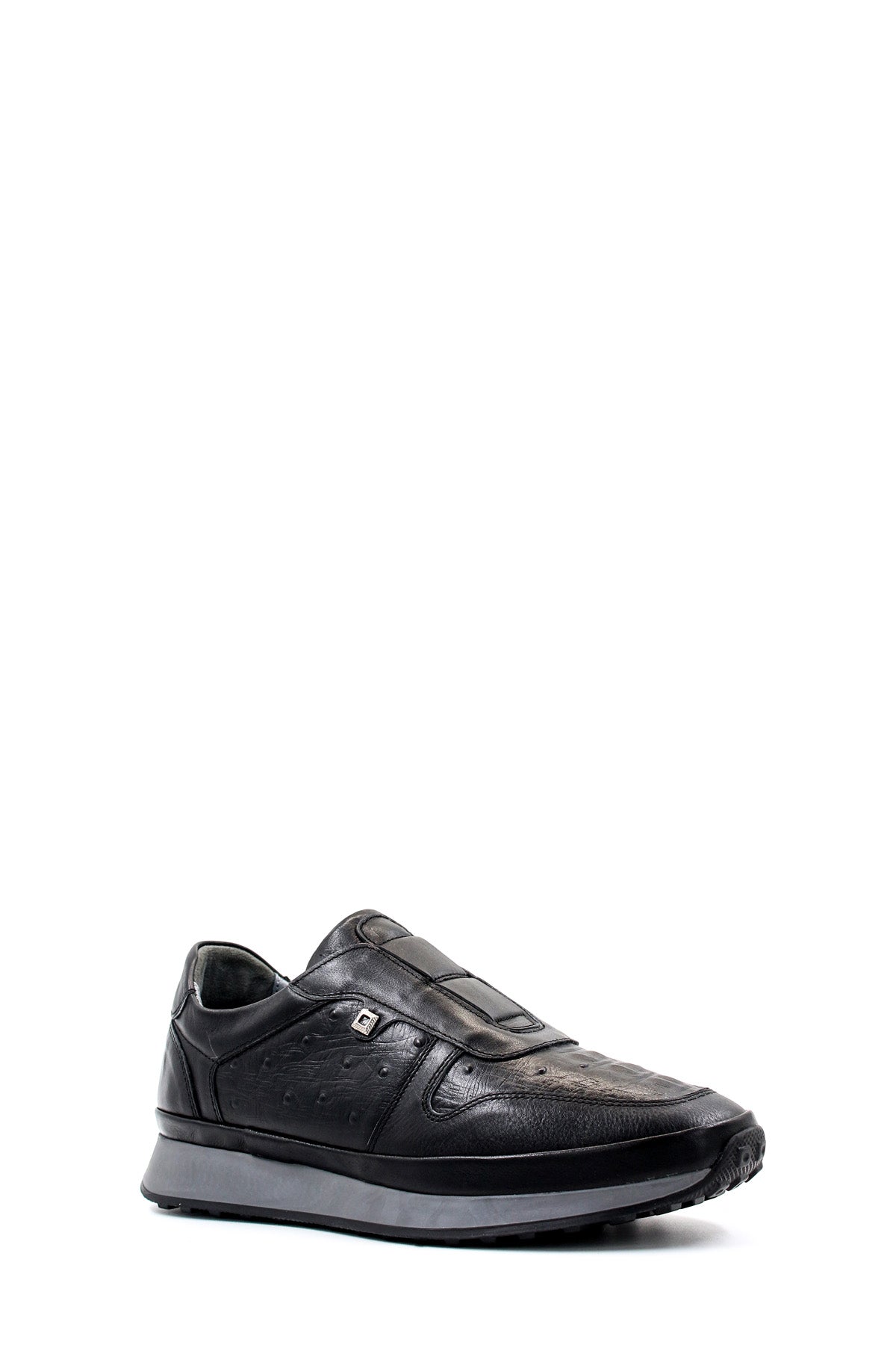 Men's Black Leather Sneakers with Textured Sole