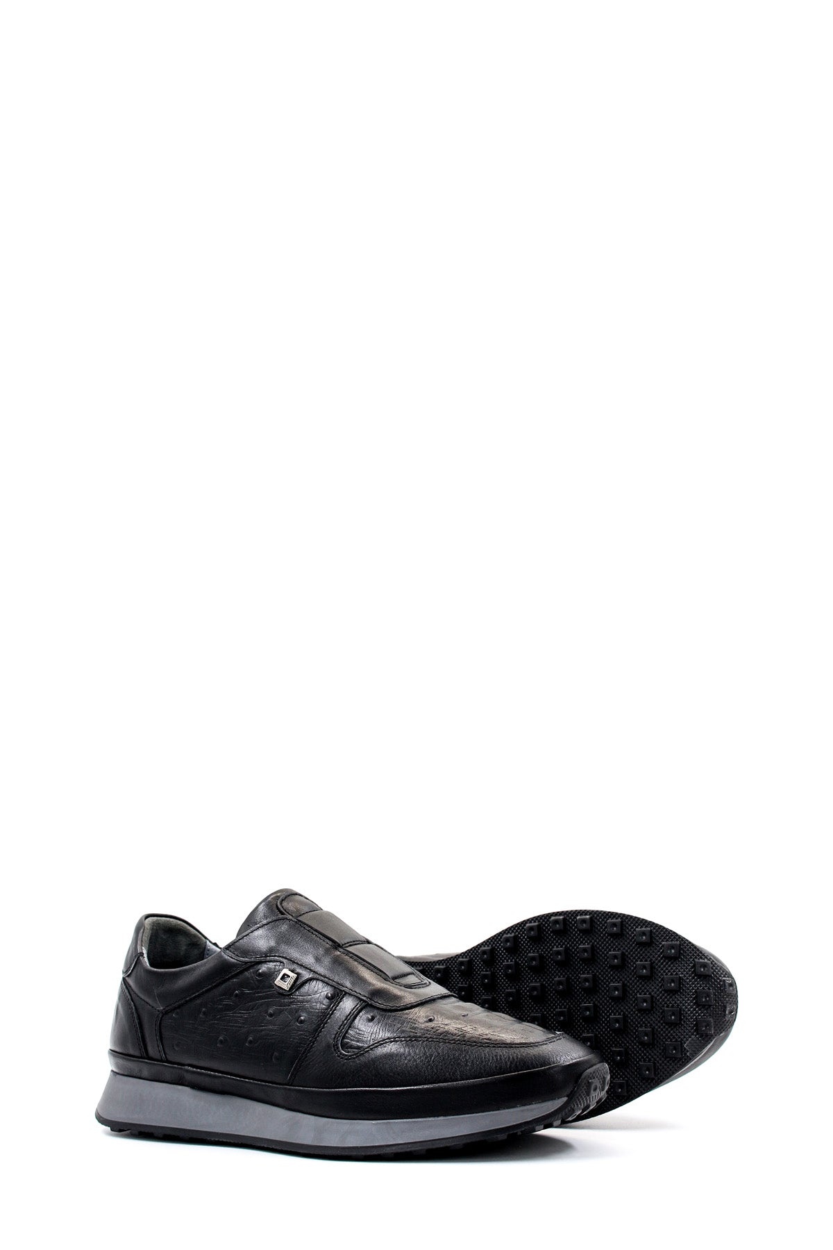 Men's Black Leather Sneakers with Textured Sole