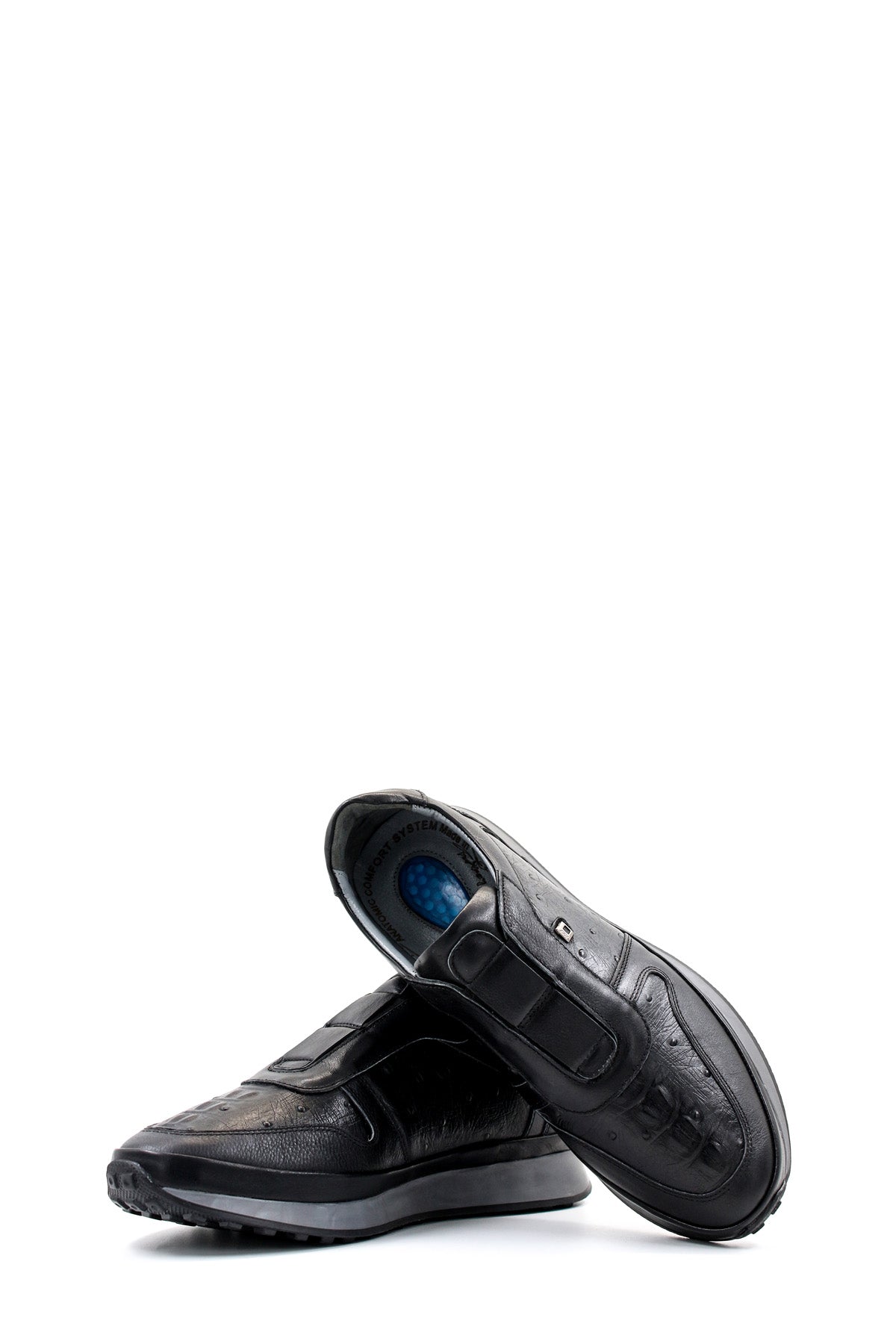 Men's Black Leather Sneakers with Textured Sole