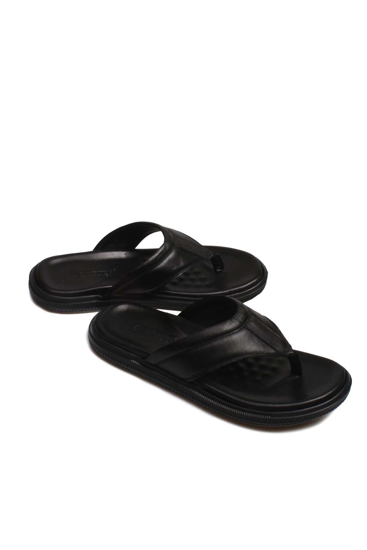 Men's Black Leather Flip-Flop Sandals-Wessi