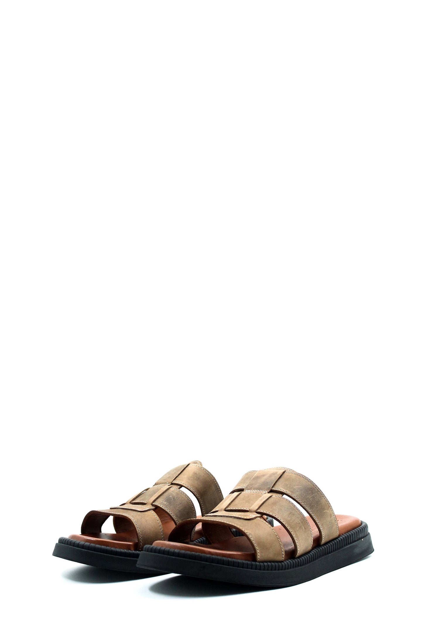 Men's Beige Leather Open Toe Slippers with Parallel Strap Design