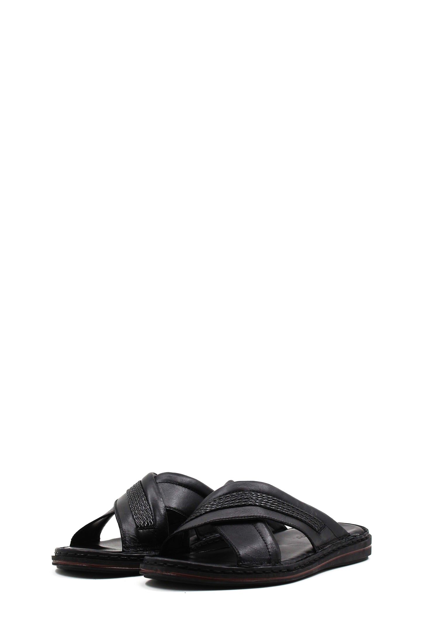 Men's Black Leather Crisscross Slide Slippers with Textured Straps and Cushioned Sole