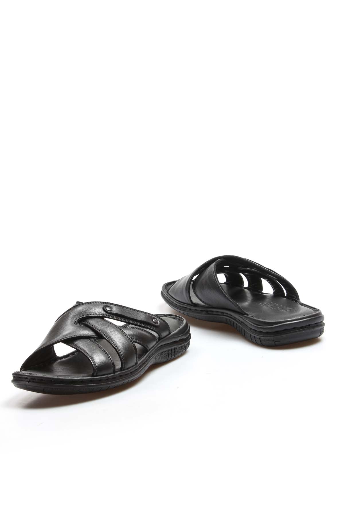 Men's Black Leather Crisscross Strap Slippers