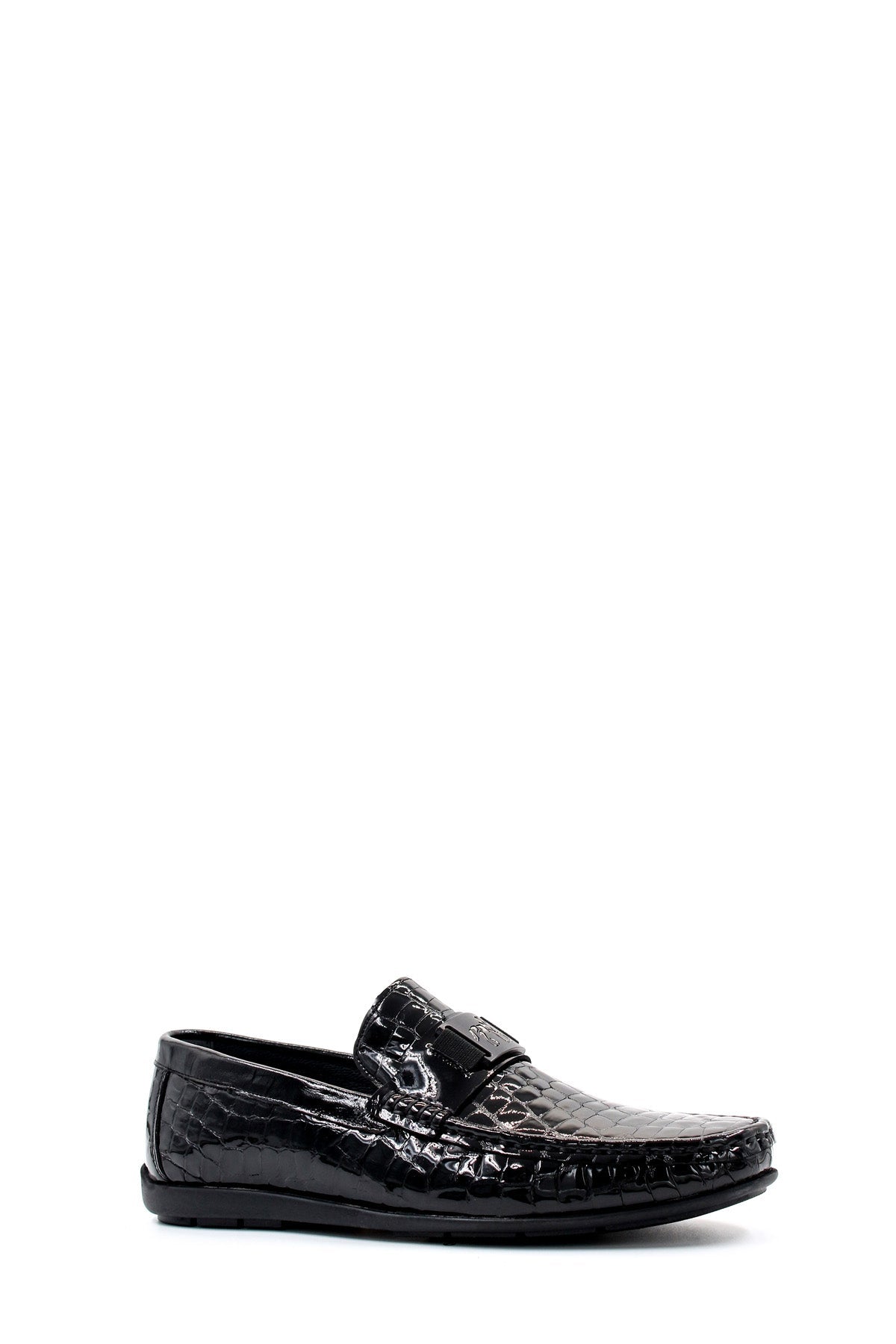 KOALA SYDNEY Men's Black Crocodile Patterned Loafers with Glossy Finish