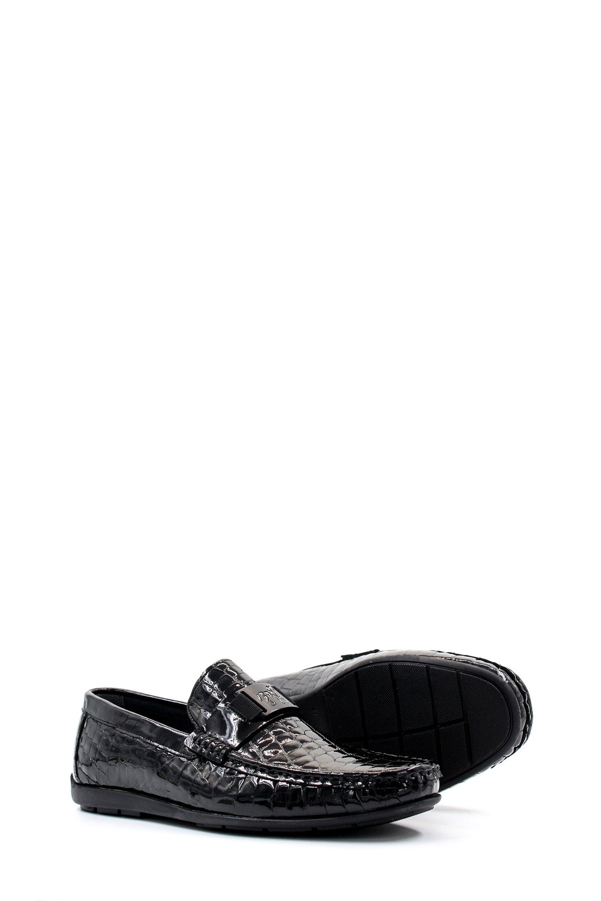 KOALA SYDNEY Men's Black Crocodile Patterned Loafers with Glossy Finish
